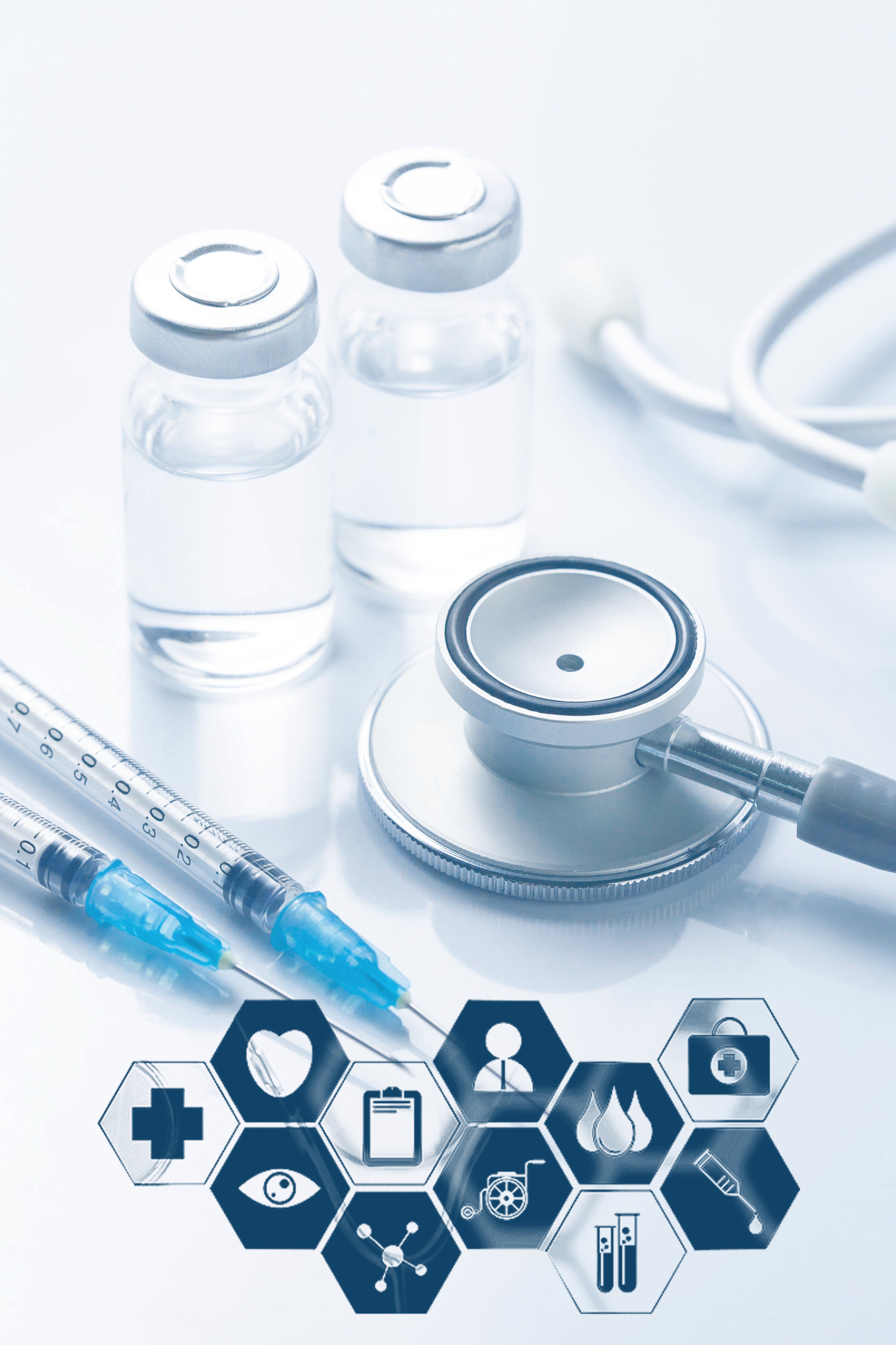 Medical equipment : stethoscope ampoules and syringe on white background